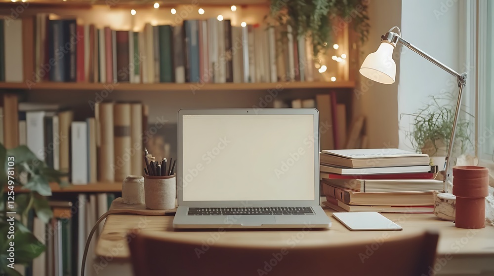 Cozy home workspace with laptop, books, and plants. Cozy home workspace with laptop, books, and plants.