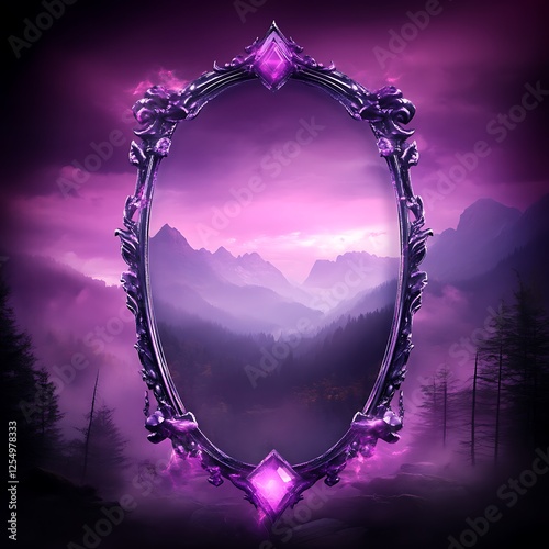 Ethereal Purple Mirror Framing a Tranquil Mountain Vista with a Gemstone Accent Piece Art