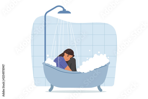 Depressed woman in clothes sits in bathtub with water, experiencing stress and apathy after breaking up with boyfriend. Depressed girl needs help of psychologist and psychotherapy to treat melancholy