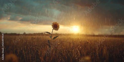 Rain and thunderstorms nature clouds, A lone sunflower stands in a rain-soaked field as the sun sets in the background.