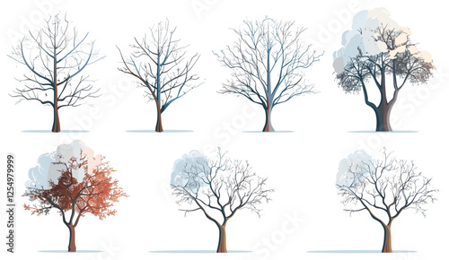 Seasonal trees shapes covered in snow, isolated PNG, vector illustration, transparent background, winter trees, snowy trees, snowy branches, winter season, frozen nature, Christmas trees