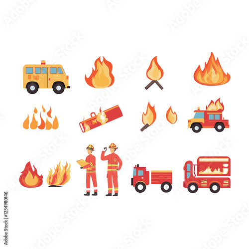 Fire Icon Vector Set in Minimalist and Modern Style, Featuring Various Flame Designs for Safety, Energy, and Emergency Concepts