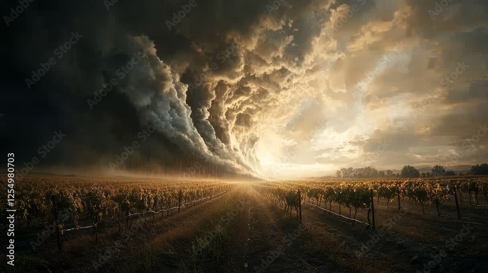 Rain and thunderstorms nature clouds, Dramatic clouds loom over a serene vineyard, creating an atmospheric contrast between nature's beauty and impending storm. Rain and thunderstorms nature clouds, Dramatic clouds loom over a serene vineyard, creating an atmospheric contrast between nature's beauty and impending storm.