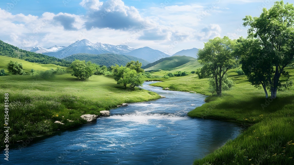 Artistic representation of sparkling river flowing through lush green valley under clear blue sky Artistic representation of sparkling river flowing through lush green valley under clear blue sky