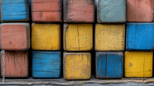 Stacked colorful wooden blocks, close-up.  Possible use Educational material or kids' toy background photo