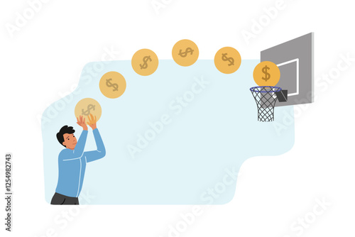 Business man achieving financial goal, throwing coins into basketball hoop, showing professionalism. Office clerk who wants to achieve career success and increase income, strive for financial goal