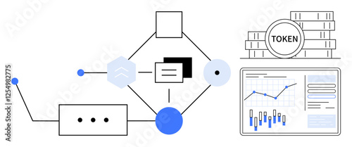 Blockchain network diagram showcasing data flow, token stacks, and a chart with analytics. Ideal for explaining blockchain, cryptocurrency, fintech, data analysis, digital finance, technology trends
