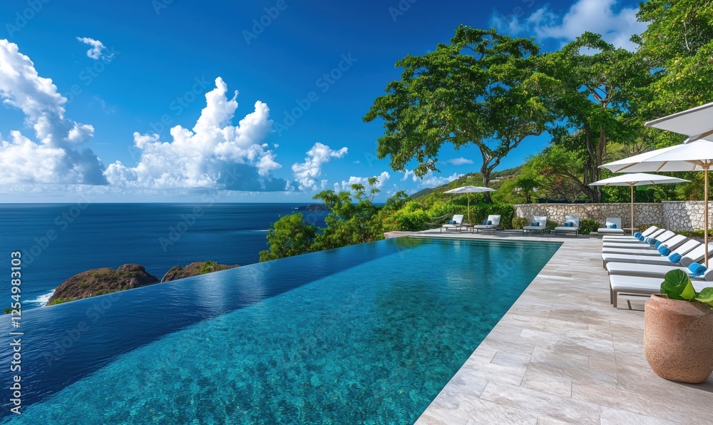Stunning Infinity Pool Overlooking Ocean with Lush Greenery and Blue Sky Stunning Infinity Pool Overlooking Ocean with Lush Greenery and Blue Sky