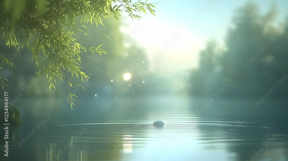 Serene Lake 3D Illustration: Tranquil Water, Bamboo, and Soft Light Serene Lake 3D Illustration: Tranquil Water, Bamboo, and Soft Light