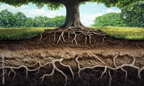 Tree Roots Underground Structure with Soil Layers and Green Foliage Above photo