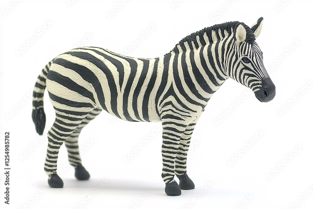 Obraz premium A zebra figurine with black and white stripes stands on a plain white background.