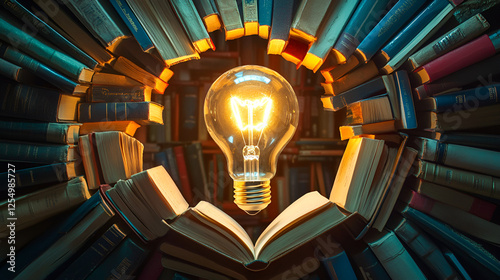 Glowing Light Bulb Surrounded by Books for Creative Inspiration Concepts ai genrative photo