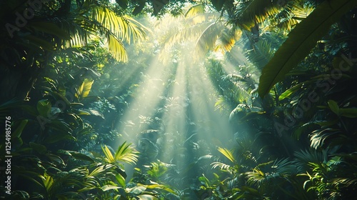 Sunlight filtering through dense jungle foliage, tropical rainforest scene, for nature backgrounds