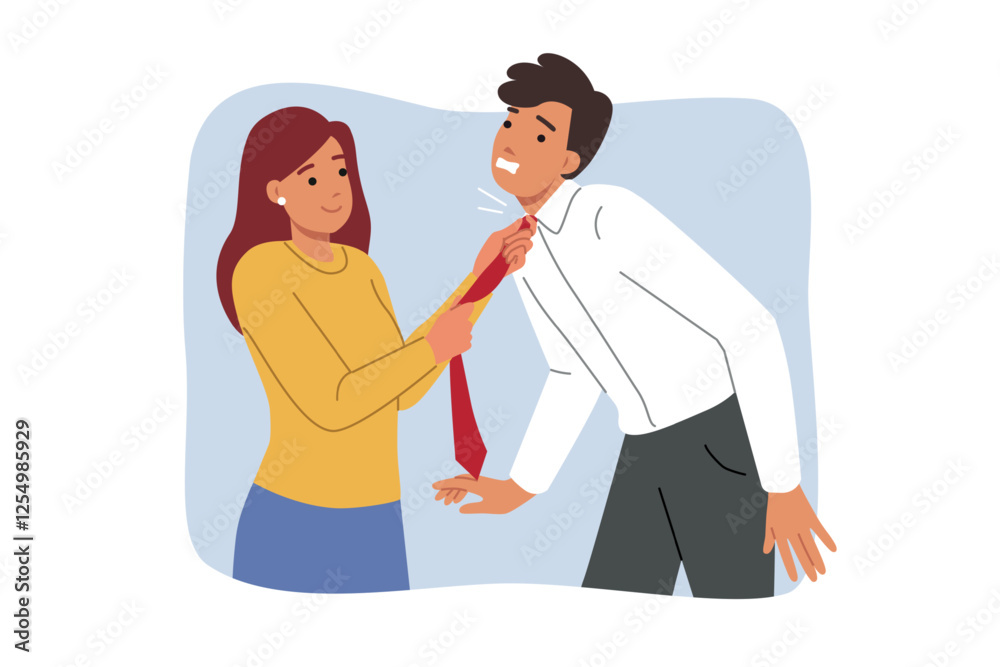 Woman puts tie tightly around husband neck, taking care of beloved husband who is getting ready for work. Girl helping to use tie to choking boyfriend, for concept of toxic relationship in family Woman puts tie tightly around husband neck, taking care of beloved husband who is getting ready for work. Girl helping to use tie to choking boyfriend, for concept of toxic relationship in family