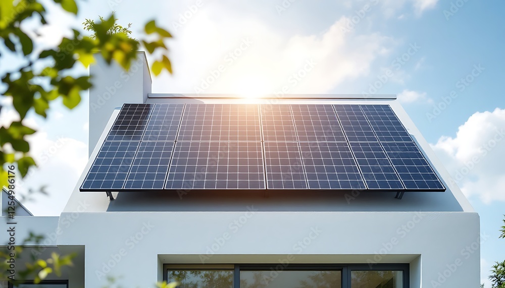 Fototapeta premium Modern Home with Solar Panels: Sustainable Energy Solution