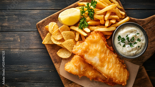 Fish and chips with green peas and tartar sauce ai genrative photo