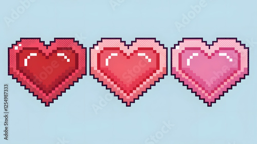 Three hearts depicted in a pixel art style, reminiscent of old video games. The style is retro and pixelated. This design is well-suited for themes of retro gaming, love, or Valentine's Day.
