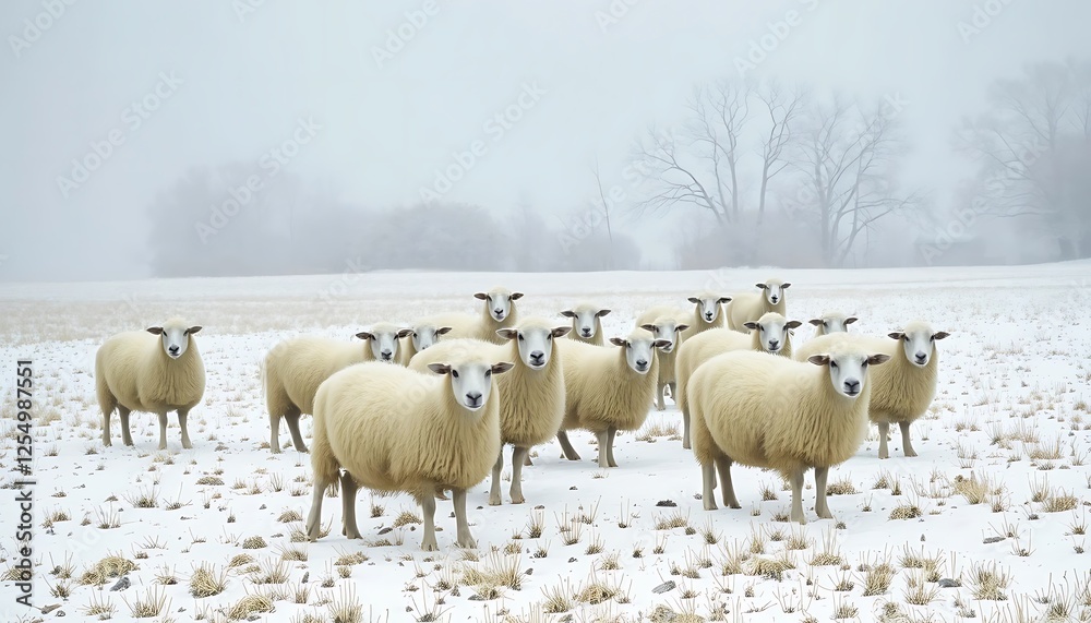 A flock of fluffy white sheep standing in a snowy field on a foggy winter day, with bare trees in the background.
