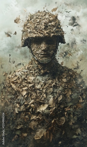 a soldier wearing a helmet made of dried leaves, standing in a battlefield photo