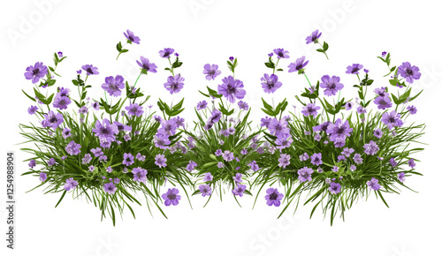 Purple flowery row, grassy meadow, vector illustration, floral design, nature background, lush green, wildflowers, spring garden, vibrant colors, floral landscape, blooming flowers