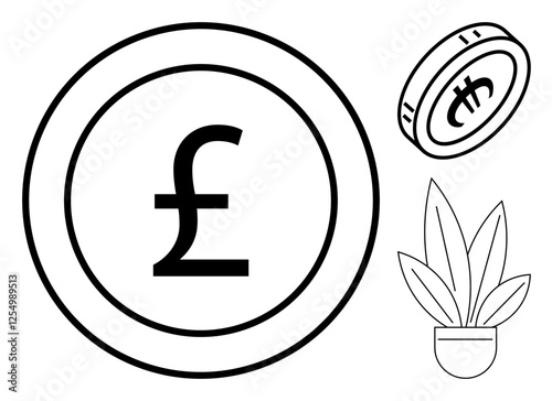 Pound sterling coins and a potted plant symbolize growth, value, and investment. Ideal for finance, economy, wealth, personal finance, growth investment and savings. Abstract line flat metaphor