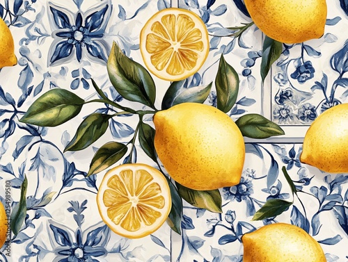 Vibrant Lemon Arrangement on Ornate Blue and White Tile Background Fresh and Artistic