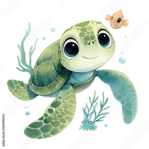 Adorable baby sea turtle swimming in the ocean with a small fish. Soft greens and blues create a peaceful underwater scene.