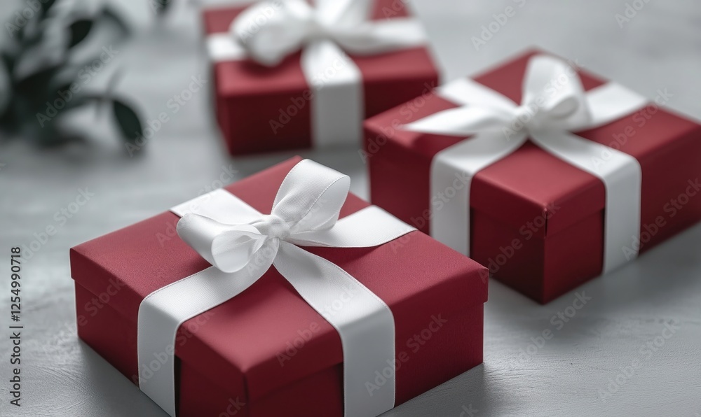 Red gift boxes with white ribbons arranged elegantly on a light surface Red gift boxes with white ribbons arranged elegantly on a light surface