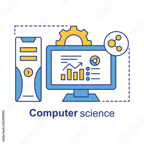 Vector icon for Data and Computer Science. Combines computer visuals and analytical symbols representing IT and scientific computing.