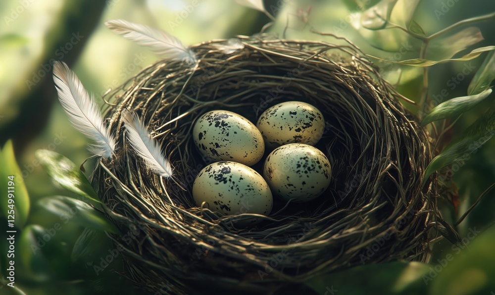 Bird Nest with Four Speckled Eggs Surrounded by Greenery and Feathers Bird Nest with Four Speckled Eggs Surrounded by Greenery and Feathers