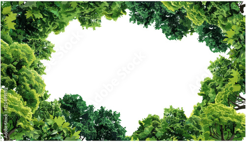 Vector frame, lush forested trees, landscape border, nature scene, tree design, forest border, green plants, nature frame, natural environment, foliage pattern, scenic view.