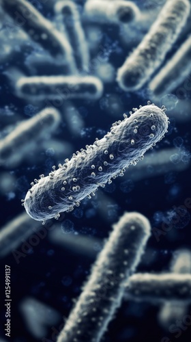 Microscopic view of bacteria in a dark blue environment
