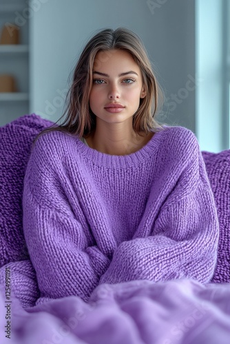 Woman in cozy purple sweater relaxing on a knitted blanket in a modern indoor setting photo