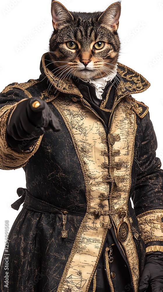 Fototapeta premium A cat dressed in a concise genealogist vest examines a small family tree chart with pointed focus. The plain white background clears away distractions, and soft lighting articulates the cat’s 
