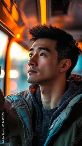 Young man gazing thoughtfully through bus window during sunset