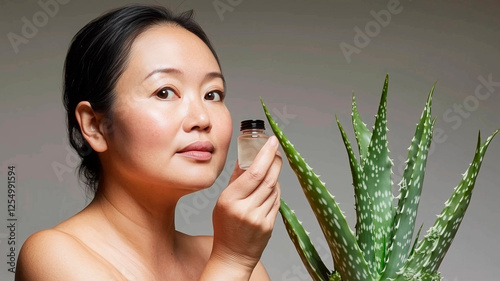 Asian woman holding aloe Aloevera product for skincare