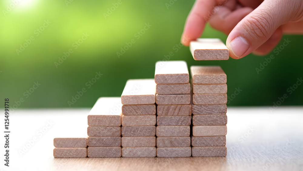 A conceptual image representing growth and success, featuring a hand stacking wooden blocks in a step-by-step manner, symbolizing progress, business development, and financial strategy. A conceptual image representing growth and success, featuring a hand stacking wooden blocks in a step-by-step manner, symbolizing progress, business development, and financial strategy.