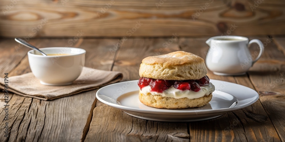 A delightful scone, generously layered with creamy topping and sweet berry preserves, sits on a rustic wooden table alongside a cup of warm beverage and a small cream pitcher. A delightful scone, generously layered with creamy topping and sweet berry preserves, sits on a rustic wooden table alongside a cup of warm beverage and a small cream pitcher.