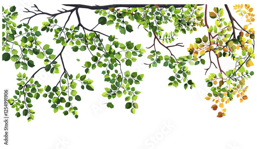 Vector tree branches, leafs top composition, nature background, foliage design, organic shapes, greenery texture, botanical art, plant life, fresh greenery, environmental