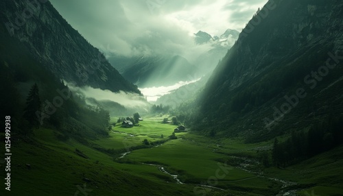 Stunning green valley in the austrian mountains illuminated by sunlight filtering through clouds