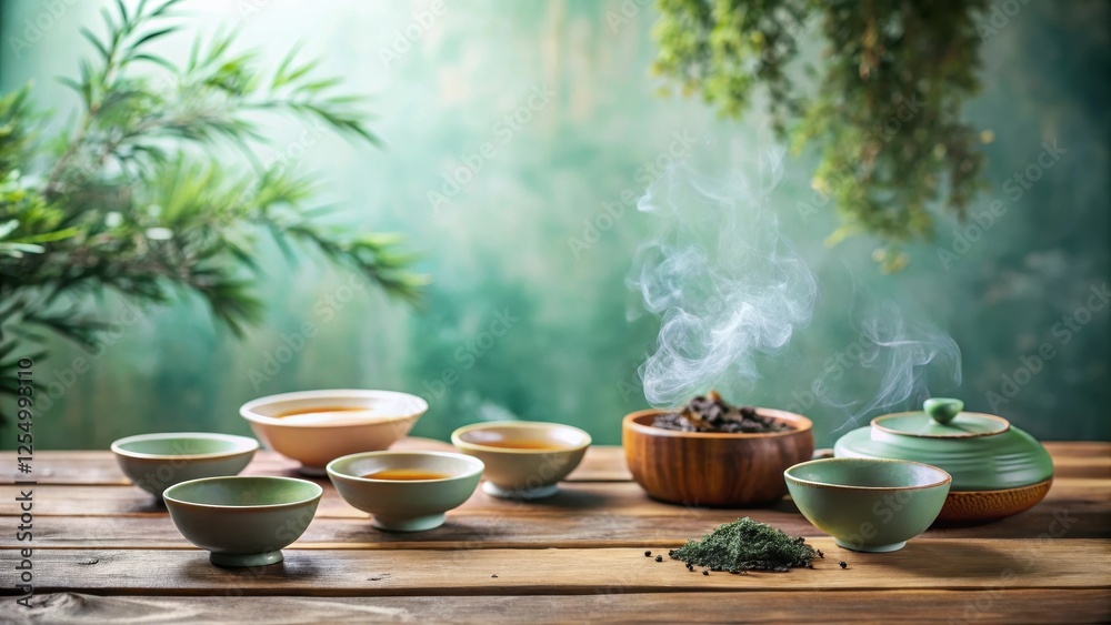 Serene Tea Ceremony Aromatic Steam Rising from a Wooden Bowl of Loose Leaf Tea, Surrounded by Small Elegant Teacups on a Rustic Wooden Table with Greenery in the Background Serene Tea Ceremony Aromatic Steam Rising from a Wooden Bowl of Loose Leaf Tea, Surrounded by Small Elegant Teacups on a Rustic Wooden Table with Greenery in the Background