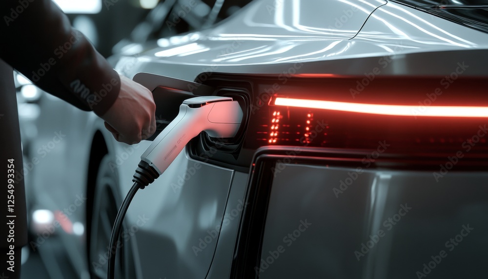 Obraz premium Close up of a sleek silver electric vehicle charging in urban setting with modern design elements