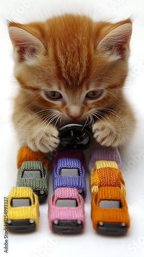 A cat in a sleek race car driver suit rests next to a toy car, gripping a miniature steering wheel. The flawless white background provides an uncluttered environment, drawing attention to the 