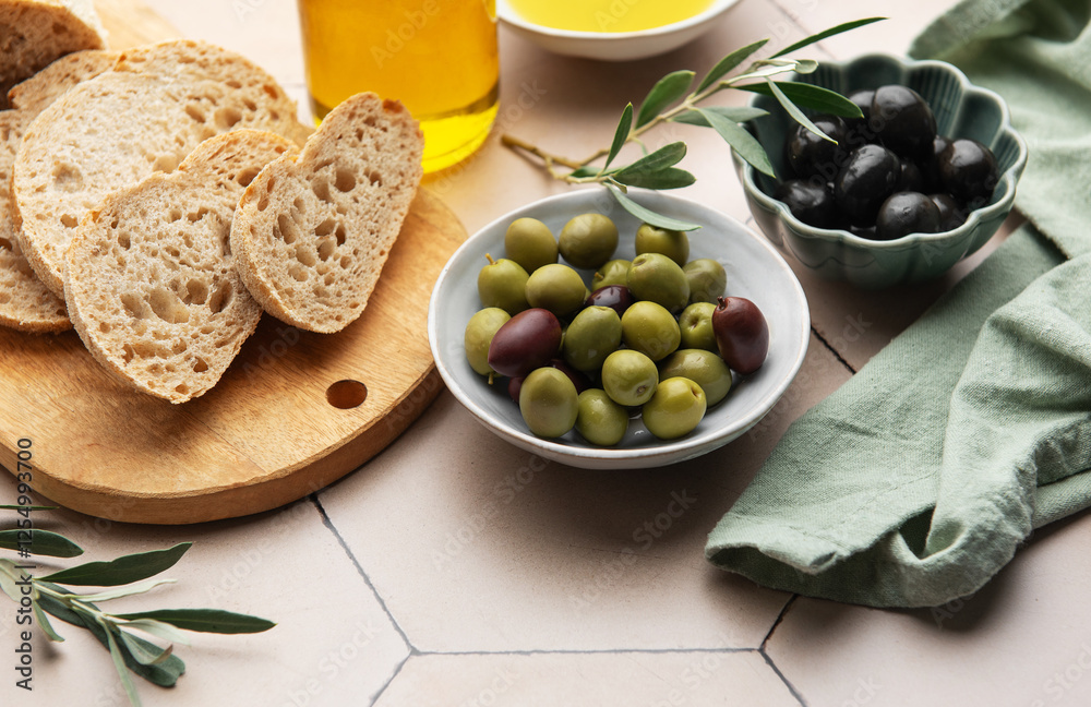 Rustic mediterranean snack with bread and olives Rustic mediterranean snack with bread and olives