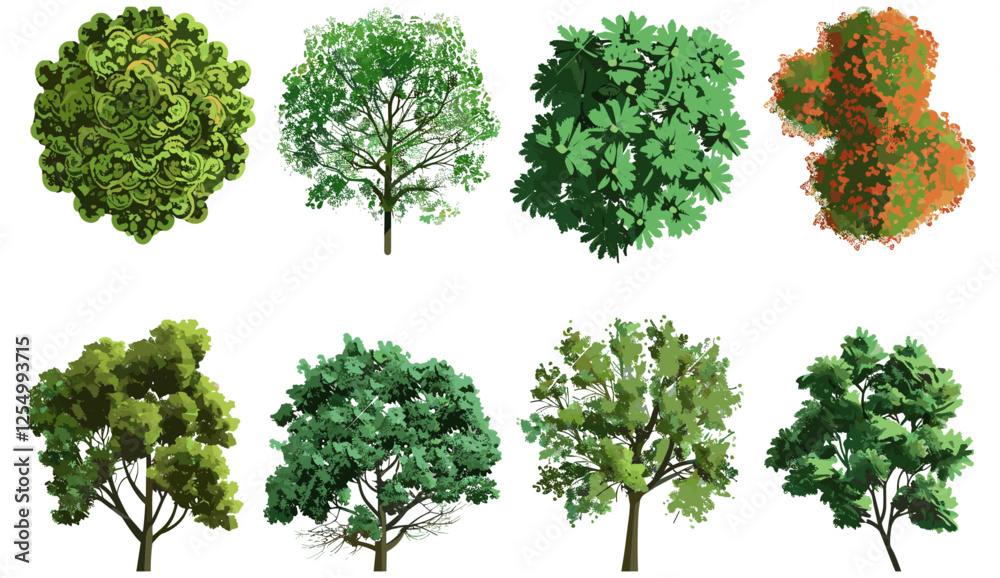 Obraz premium Isolate trees from above, vector illustration, tree top view, forest canopy, aerial tree set, green foliage, landscape elements, nature clipart, urban planning, park design