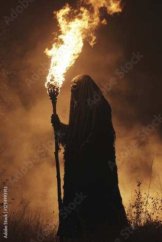 Grim Figure Cloaked in Shadow Holding a Fiery Torch in a Smoky and Dramatic Landscape