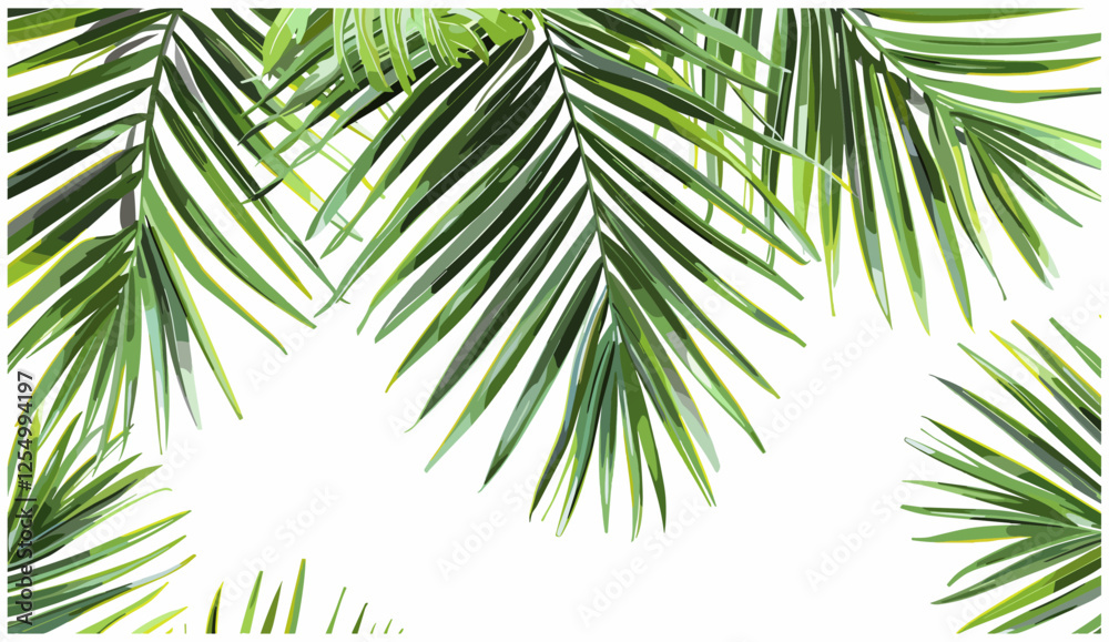 Obraz premium Vector palm fronds, tropical paradise, summer clipart, green palm leaves, beach nature, tropical plants, vacation vibes, nature background, exotic leaves