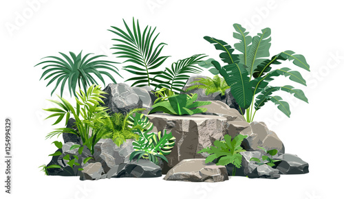 Nature rock garden, green plants, gardening design, tropics, tropical plants, outdoor landscaping, eco-friendly garden, sustainable design, lush greenery, nature decor