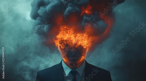 Stress clouds and fiery thoughts surround burnt-out CEO in corporate setting at dusk