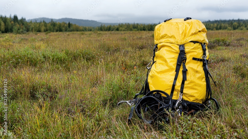 Yellow Hiking Backpack in a Golden Field Yellow Hiking Backpack in a Golden Field